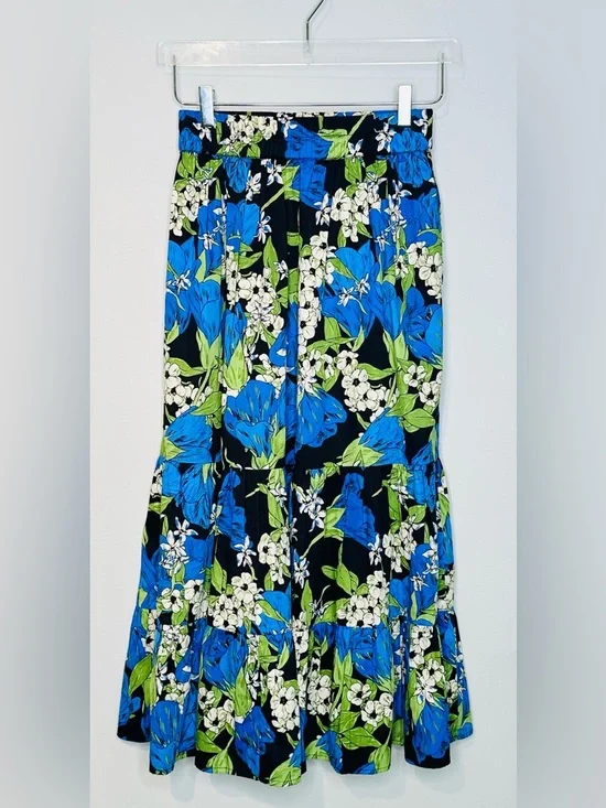 Elizabeth James The Label Surrey Blue Green Midi Skirt in Night Bloom - Picture 3 of 13